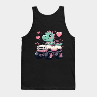 Cute Girls Kids Valentines Day Dinosaur Riding Monster Truck Tank Top